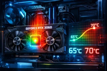 Видеокарта NVIDIA GeForce RTX 3060 с системой охлаждения и голографическим графиком температуры 65-70°C.