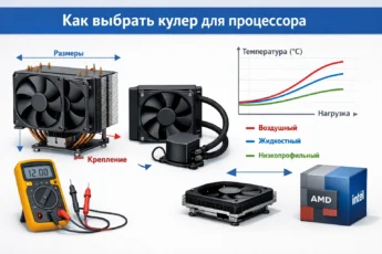 Сравнение воздушного, жидкостного и низкопрофильного кулеров для процессора с графиком температур и ключевыми параметрами.