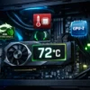 Видеокарта с температурой 72°C на дисплее, окруженная иконками софта для мониторинга.