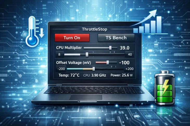 Интерфейс утилиты ThrottleStop на экране ноутбука с иконками повышения производительности и охлаждения.