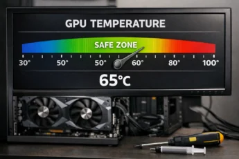 График температуры видеокарты в безопасной зеленой зоне на отметке 65°C на фоне системного блока.