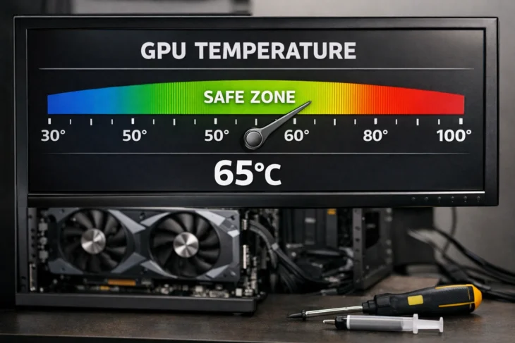 График температуры видеокарты в безопасной зеленой зоне на отметке 65°C на фоне системного блока.