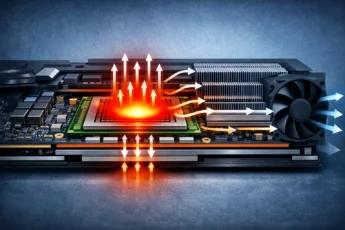 Поперечное сечение GPU с маршрутом отвода тепла от горячего пятна к радиатору и кулеру.