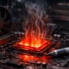 Перегретый процессор в игровом компьютере с красным свечением и волнами тепла.