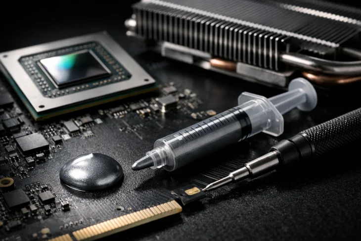 Комплект для замены термопасты на GPU: кристалл, радиатор, шприц с пастой и отвертка.