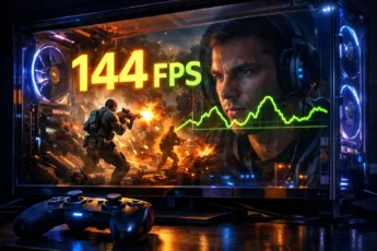 Четкий график и надпись "144 FPS" на экране игрового монитора