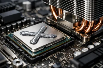 Крупный план CPU с термопастой в форме буквы X рядом с кулером перед установкой.