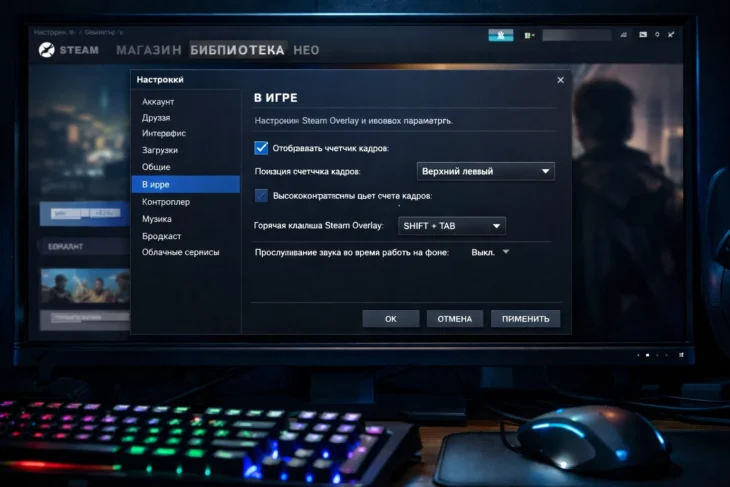 Включение счетчика FPS в настройках Steam на мониторе с игровой периферией.