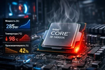Процессор Intel Core i9-14900K с признаками перегрева: графики энергопотребления и падения производительности.