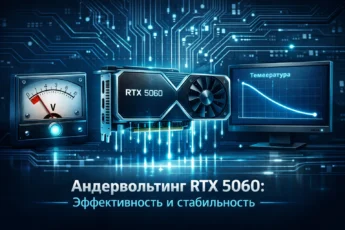 Стилизованная RTX 5060 с неоновой подсветкой, вольтметр и график падения температуры для демонстрации андервольтинга.