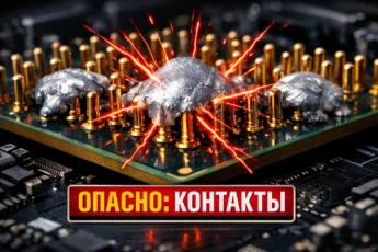 Процессор с контактами, испачканными термопастой и имитацией короткого замыкания с искрами. Предупреждающая надпись: "ОПАСНО: КОНТАКТЫ".