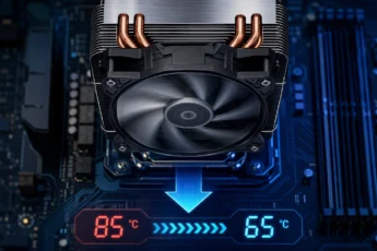 Крупный кулер с вентилятором снижает температуру процессора с 85°C до 65°C.