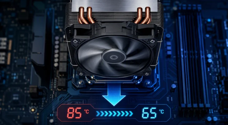 Крупный кулер с вентилятором снижает температуру процессора с 85°C до 65°C.