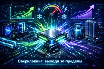 Процессор в волнах энергии и графики производительности на фоне микросхем. Слоган: Оверклокинг: выходи за пределы.