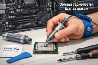 Нанесение термопасты на процессор Intel Core i7 при сборке компьютера.