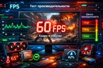Тестирование производительности игрового ПК: монитор показывает 60 FPS в динамичной сцене.