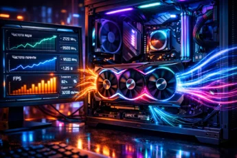 Мощная видеокарта с RGB-подсветкой в открытом корпусе компьютера на фоне графиков производительности и программы для разгона.