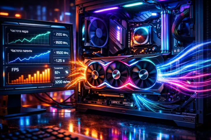 Мощная видеокарта с RGB-подсветкой в открытом корпусе компьютера на фоне графиков производительности и программы для разгона.