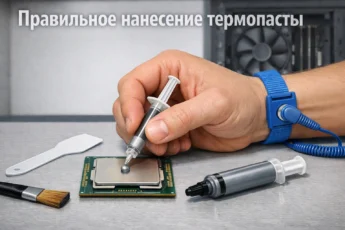 Мастер аккуратно наносит каплю термопасты на центр процессора с помощью шпателя.