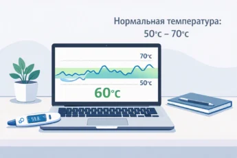 Открытый ноутбук с графиком температуры и термометром рядом, демонстрирует оптимальный рабочий диапазон 50-70°C.