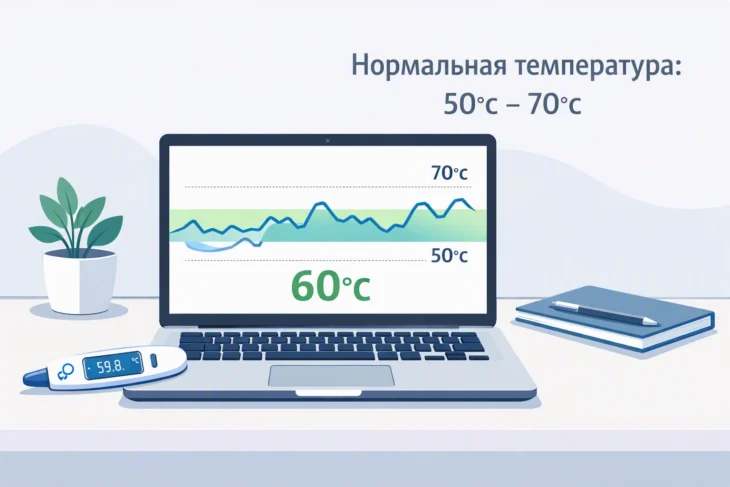 Открытый ноутбук с графиком температуры и термометром рядом, демонстрирует оптимальный рабочий диапазон 50-70°C.