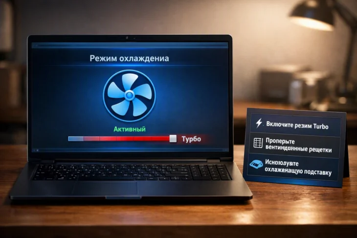 Панель управления ноутбука с включенным турбо-режимом охлаждения.