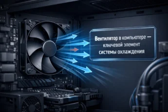 Внутреннее устройство корпуса ПК с акцентом на вентилятор системы охлаждения.