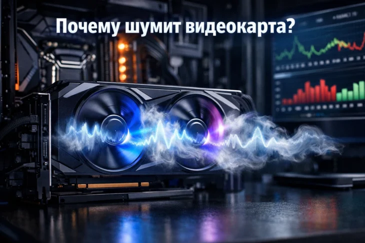 Мощная игровая видеокарта с подсветкой и волнами шума на графике.