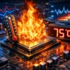 Горящий процессор с температурой 75°C на фоне схемы материнской платы и графиков.