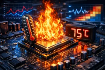 Горящий процессор с температурой 75°C на фоне схемы материнской платы и графиков.