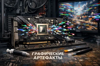 Внутри системного блока с GPU, излучающим цифровые артефакты на мониторе, лежат инструменты для ремонта.