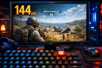 Геймерский монитор с PUBG, показывающий 144 FPS, и подсвеченная клавиша F8 на клавиатуре.