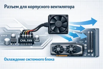 Разъем SYS_FAN на материнской плате с подключенным корпусным вентилятором для охлаждения компонентов.