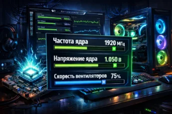 Интерфейс MSI Afterburner и разогнанный ПК в полумраке