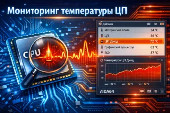 Тепловой датчик процессора и окно мониторинга в программе AIDA 64.