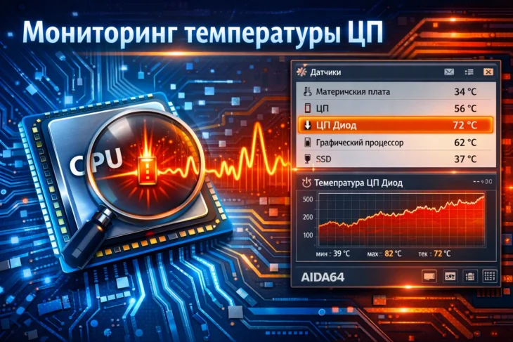 Тепловой датчик процессора и окно мониторинга в программе AIDA 64.