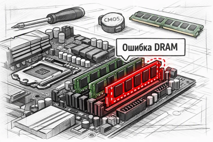 DIMM-слот с ошибкой DRAM на материнской плате и кодом POST 55