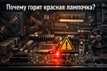 Красный индикатор и значок предупреждения на материнской плате компьютера