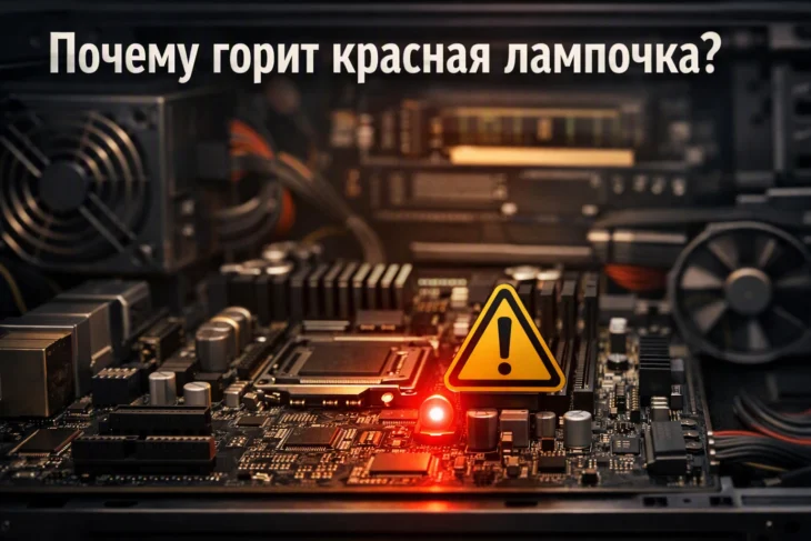 Красный индикатор и значок предупреждения на материнской плате компьютера